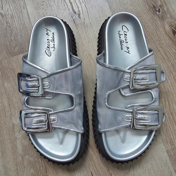 Circus NY by Sam Edelman Silver Black Cris Mesh Sandal sz 9M Summer Buckle - Picture 2 of 9